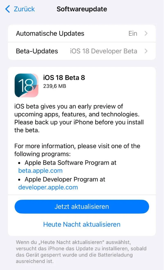 那大镇苹果手机维修分享苹果 iOS / iPadOS 18 开发者预览版 Beta 8 发布 